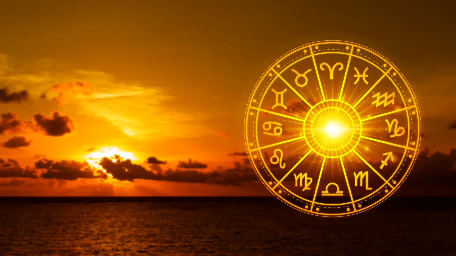 Glowing sun aligning with zodiac wheel symbolizing a solar return chart